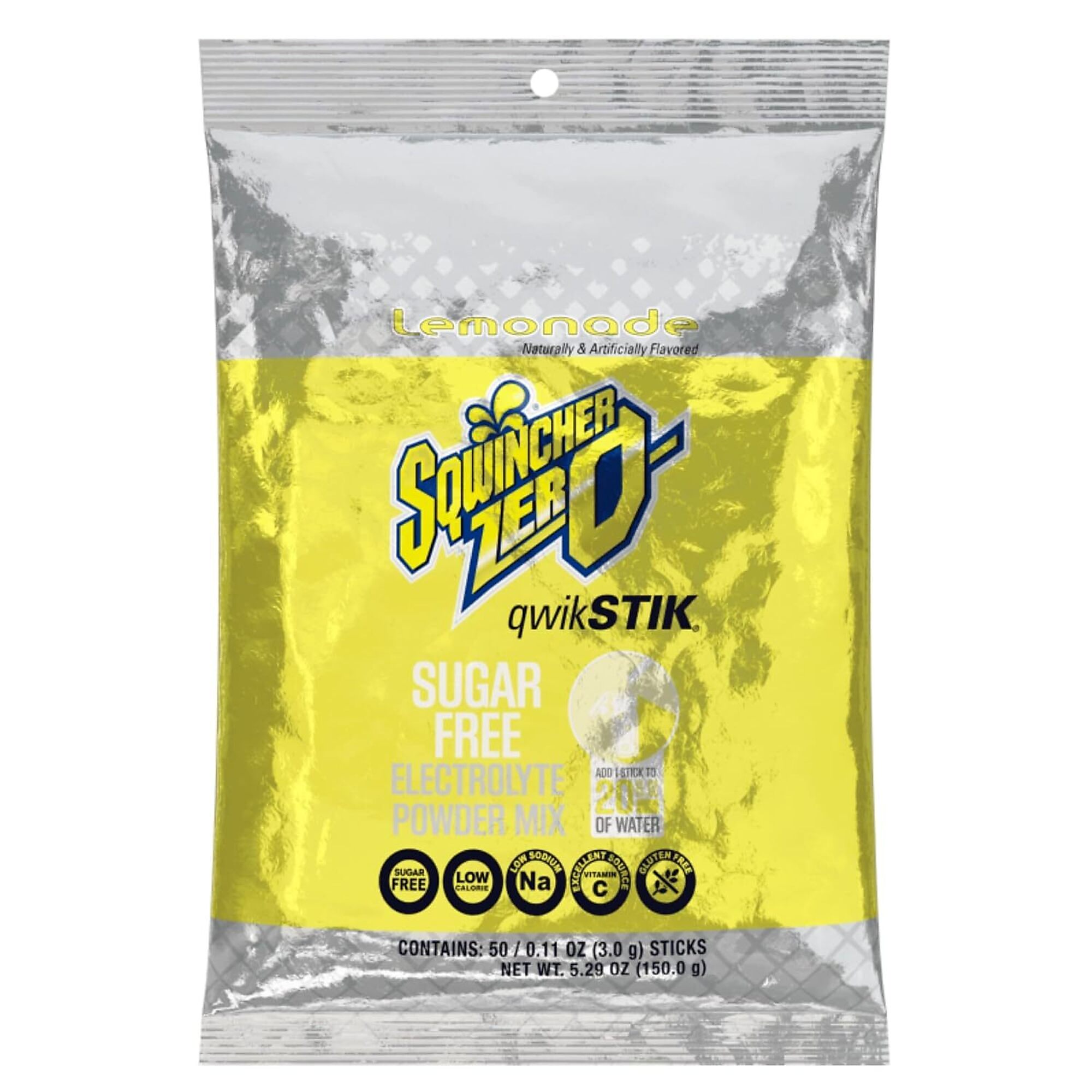 Sqwincher Zero Qwik Stik Sugar Free Electrolyte Powder Packets, Lemonade, 0.11 oz, Makes 20 oz, 50 Count